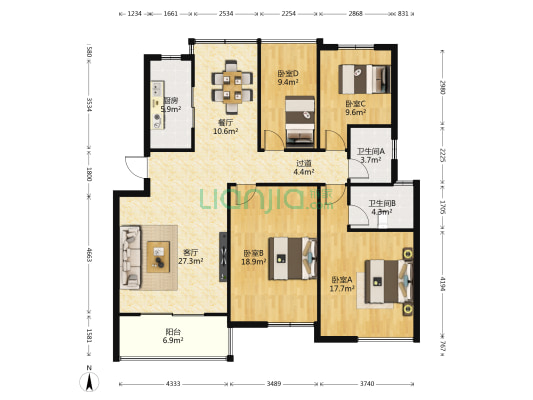 瀚林印象 4室2厅2卫 128平方