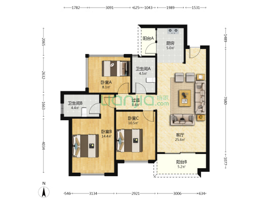 金裕星河丹堤 3室1厅2卫 93平方