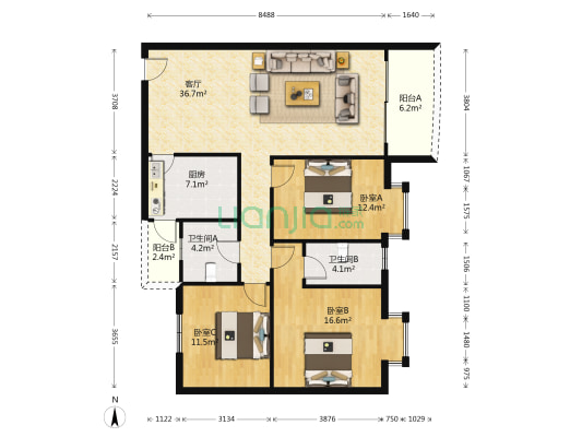 凤凰花园 3室1厅2卫 113平方