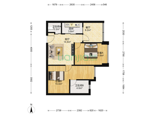 金城国际 2室2厅2卫 63平方