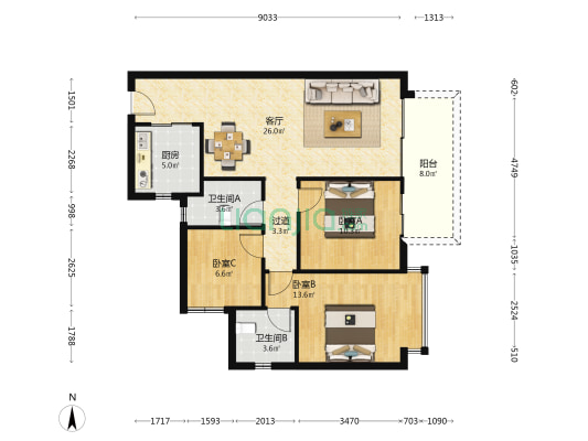 龙光玖珑湾 3室1厅2卫 94平方
