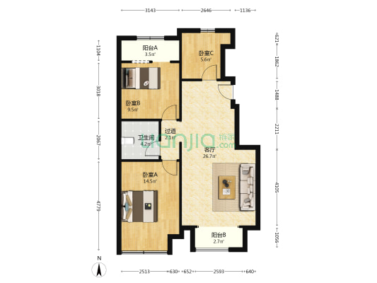 中远龙郡 3室1厅1卫 89平方