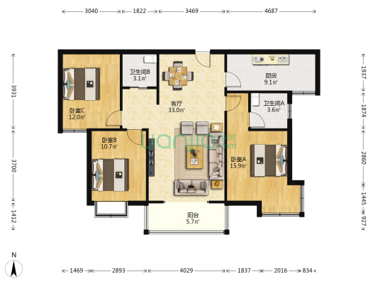警苑家园 3室1厅2卫 126平方