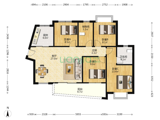 五江天街南区 4室1厅1卫 128平方