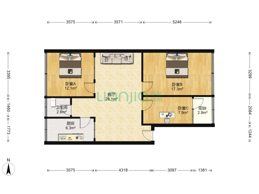 农贸大市场 3室1厅1卫 93平方