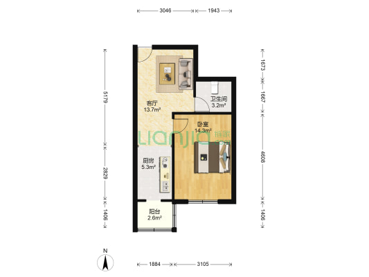 金冠里小区 1室1厅1卫 49平方
