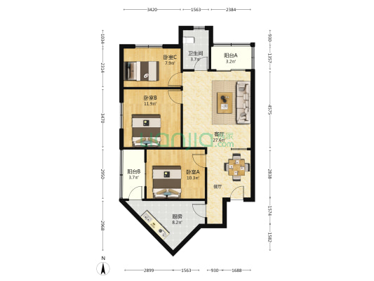朝阳大厦 3室1厅1卫 96平方