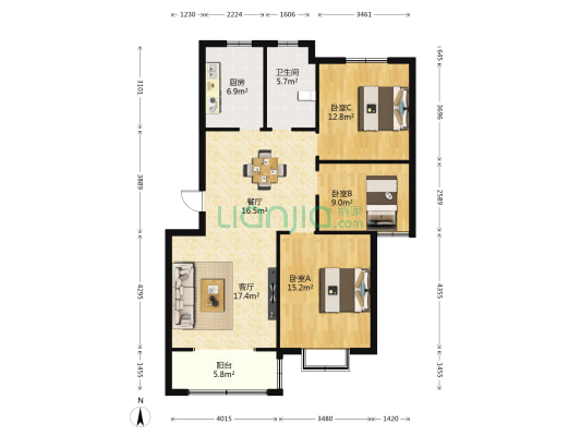 关城花苑北区 3室2厅1卫 120平方