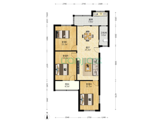 宅吉路7号 3室1厅1卫 92平方
