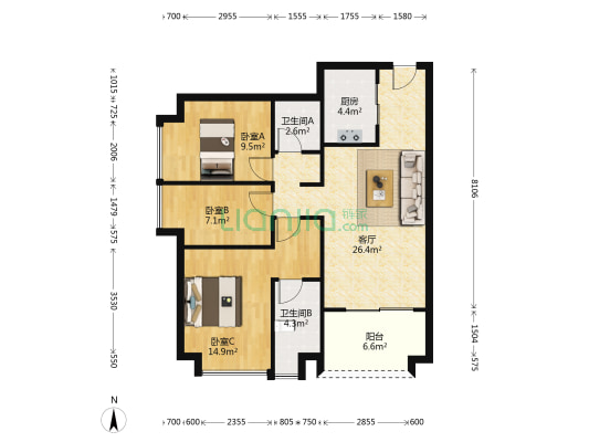 万科·金色城品 3室1厅2卫 91平方