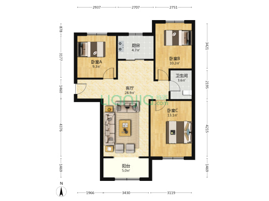 此房格局户型方正，中间楼层，带装修 南北通透-户型图