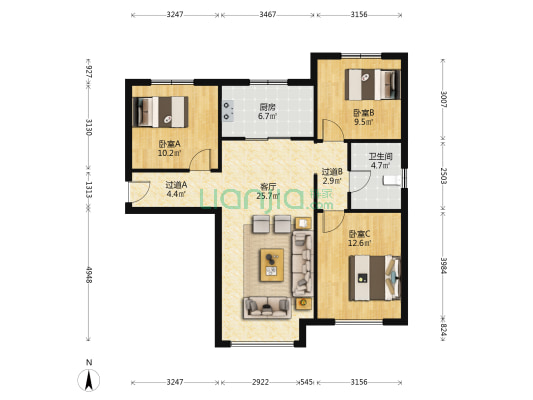 南北通透三居  好户型 毛坯 合适的价格 现房-户型图