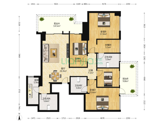 恒大都汇华庭 4室1厅3卫 175平方