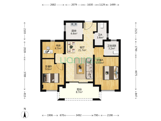 云栖园 3室1厅2卫 90平方