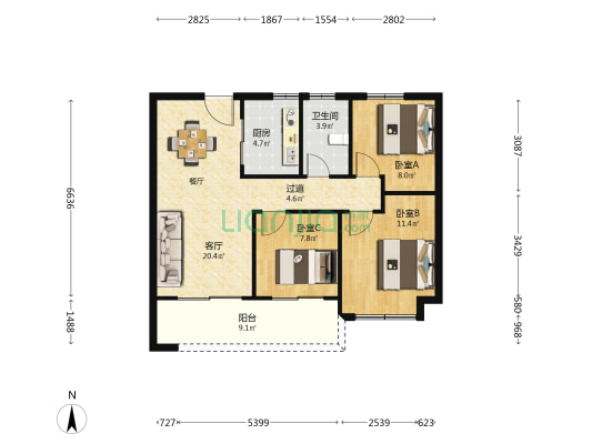 韵园 3室1厅1卫 93平方