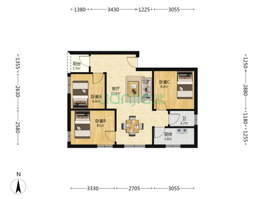 麦地直街 3室1厅1卫 65平方