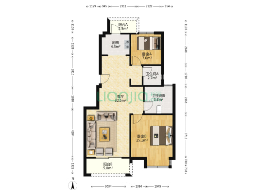 观云悦苑 2室1厅2卫 91平方