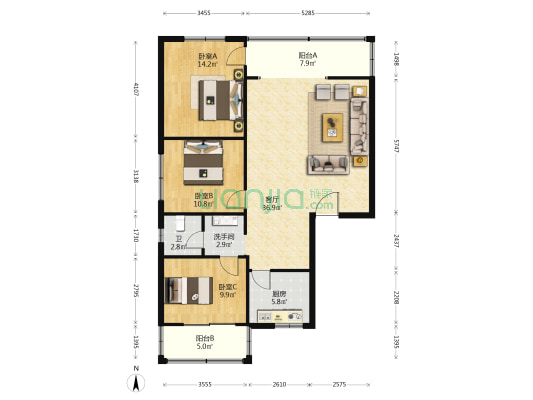 泰安公寓 3室1厅2卫 119平方