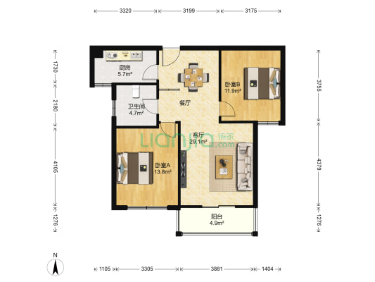 书香园 2室1厅1卫 87平方