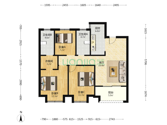 望馨园 3室1厅2卫 102平方