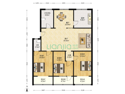 东里路1号院 3室2厅2卫 137平方