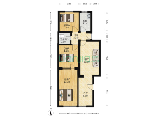 大有庄100号院 3室1厅1卫 57平方
