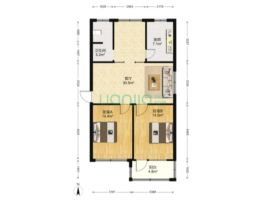 莱茵达路2号 2室1厅1卫 90平方