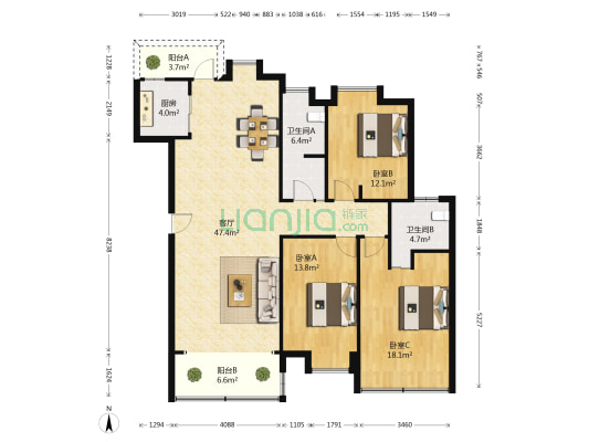 宝鸿苑 3室1厅2卫 121平方