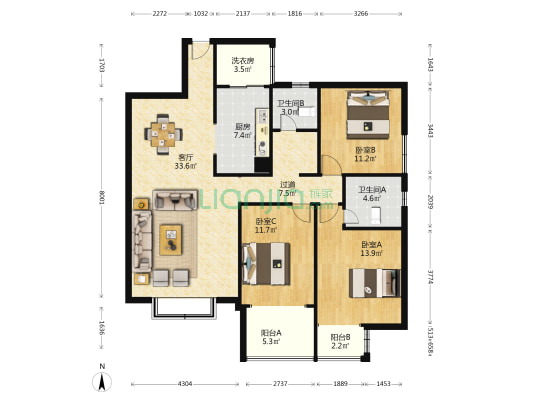 安泰家园 3室1厅2卫 108平方