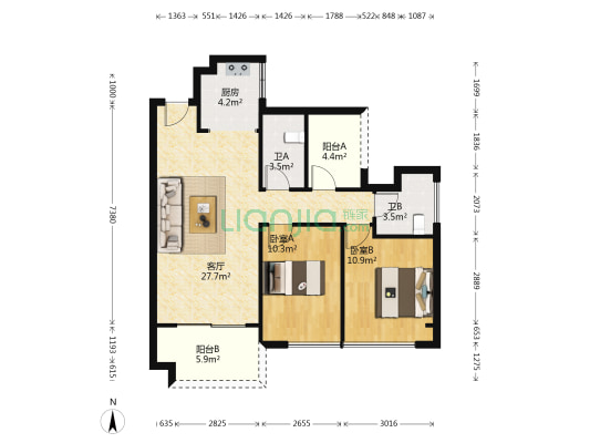 大龙府 2室1厅2卫 89平方