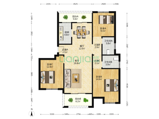 康和家园 3室2厅2卫 125平方