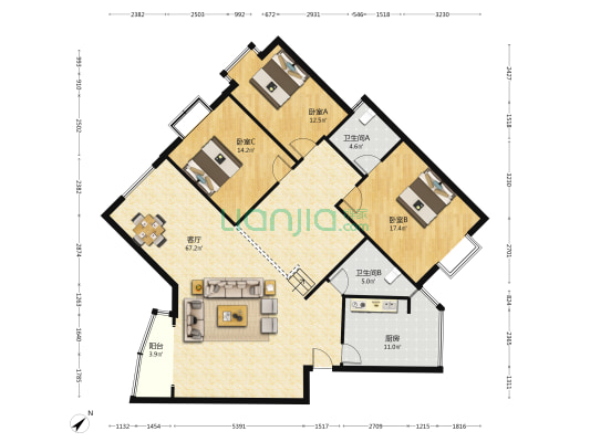 海宁花园 3室1厅2卫 156平方