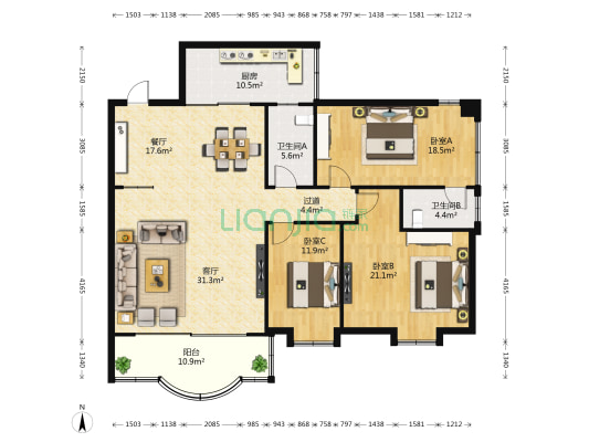 银甸花园 3室2厅2卫 141平方
