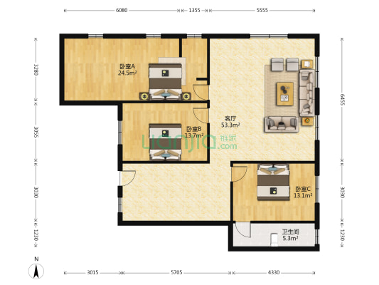 目鱼山庄 3室1厅1卫 110平方