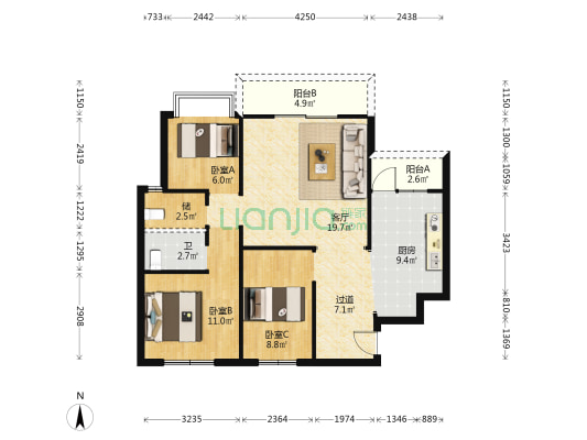 金天地花园 3室1厅1卫 92平方