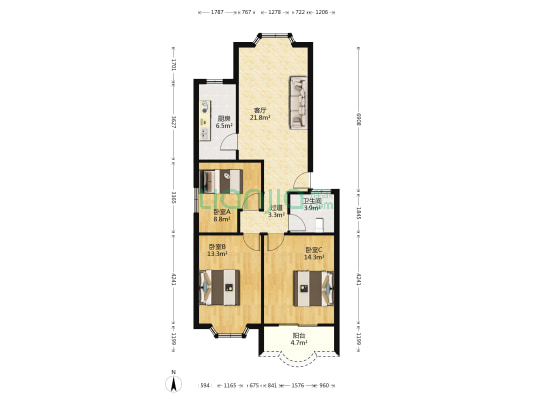 桂花园北区 3室1厅1卫 97平方