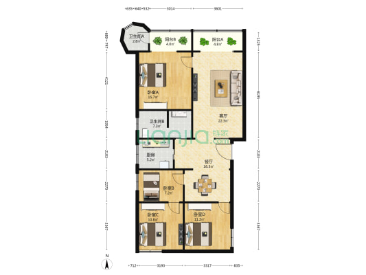 南方希望小区 4室2厅2卫 124平方