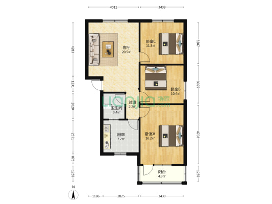 正大新区 3室1厅1卫 91平方