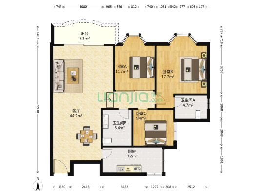 江龙大厦 3室1厅2卫 137平方