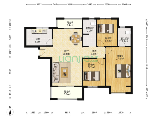 康桥玥棠 3室1厅2卫 129平方