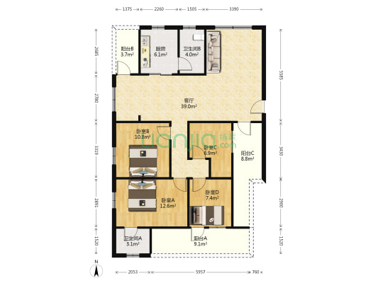 残联宿舍 4室1厅2卫 110平方