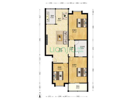 普澜一街小区 3室2厅1卫 128平方