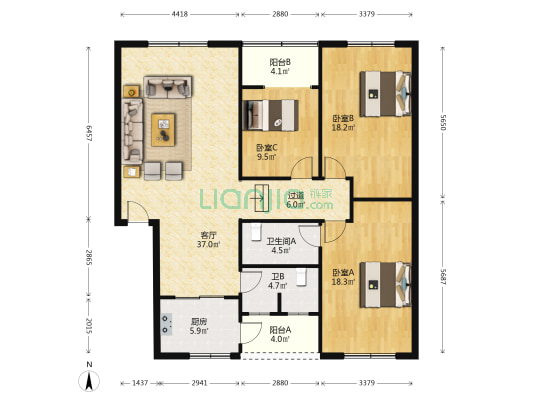 云龙公寓 3室1厅2卫 134平方