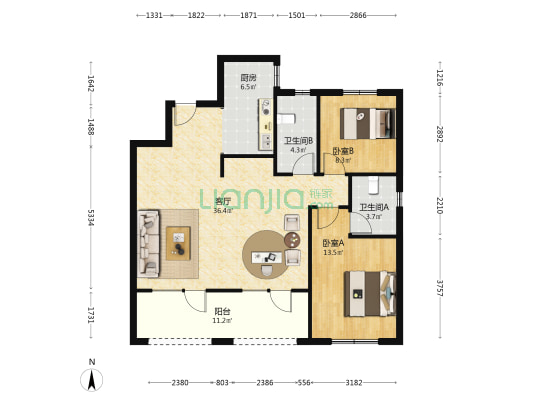 我家阳光上城 2室1厅2卫 110平方