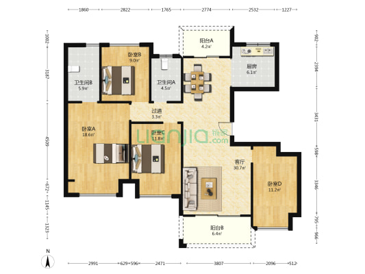 电建地产长运东安 4室1厅2卫 130平方