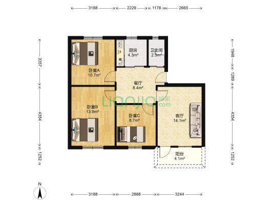 吕八街7号 3室2厅1卫 85平方