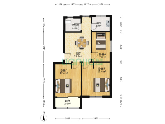 庙西王 3室1厅1卫 72平方