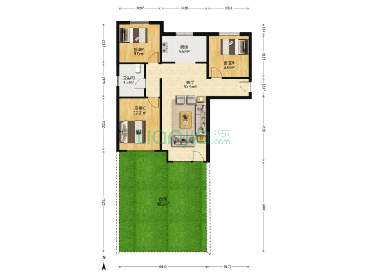 毛坯 三居 一层带大花园 急售-户型图