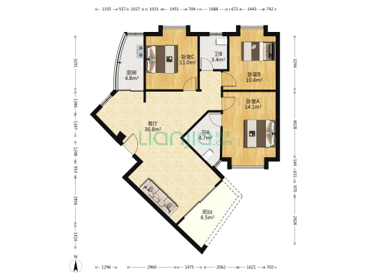 康怡花园 3室1厅2卫 108平方