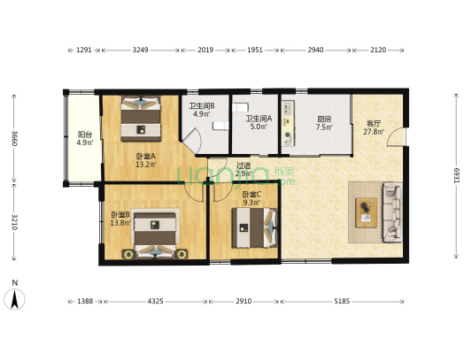 金茂花园 3室1厅2卫 132平方